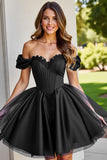 Black A Line Ruched Short Homecoming Dress with Appliques