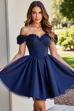Black A Line Ruched Short Homecoming Dress with Appliques