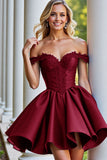 Burgundy Satin A Line Short Homecoming Dress with Appliques