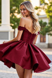 Burgundy Satin A Line Short Homecoming Dress with Appliques