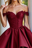 Burgundy Satin A Line Short Homecoming Dress with Appliques