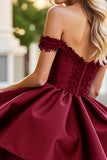 Burgundy Satin A Line Short Homecoming Dress with Appliques
