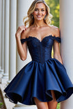 Burgundy Satin A Line Short Homecoming Dress with Appliques