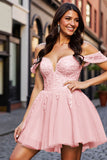 Blush Corset Tulle Short Cocktail Dress with Appliques