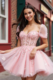 Blush Floral Tulle Corset Short Homecoming Dress with Sleeves