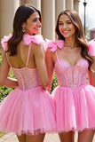Sparkly Pink Sequin Corset Short Homecoming Dress with Bows