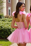 Sparkly Pink Sequin Corset Short Homecoming Dress with Bows