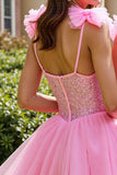 Sparkly Pink Sequin Corset Short Homecoming Dress with Bows