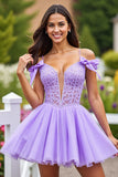 Lavender Tulle A Line Short Homecoming Dress with Bows