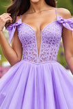 Lavender Tulle A Line Short Homecoming Dress with Bows