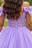 Lavender Tulle A Line Short Homecoming Dress with Bows