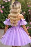 Lavender Tulle Ruffled Short Sleeves Corset Short Homecoming Dress with Appliques
