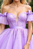 Lavender Tulle Ruffled Short Sleeves Corset Short Homecoming Dress with Appliques