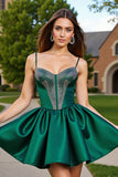 Dark Green Short Satin A Line Homecoming Dress with Beading