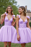 Deep V-Neck Corset Lilac Tulle Short Homecoming Dress with Appliques