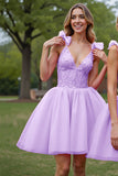 Deep V-Neck Corset Lilac Tulle Short Homecoming Dress with Appliques