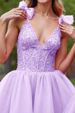 Deep V-Neck Corset Lilac Tulle Short Homecoming Dress with Appliques