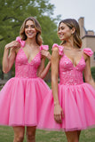Deep V-Neck Corset Lilac Tulle Short Homecoming Dress with Appliques