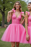 Deep V-Neck Corset Lilac Tulle Short Homecoming Dress with Appliques
