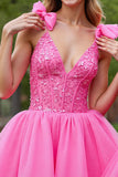Deep V-Neck Corset Lilac Tulle Short Homecoming Dress with Appliques