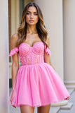 Ruffled Pink Corset Short Cocktail Dress with Appliques