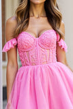 Ruffled Pink Corset Short Cocktail Dress with Appliques