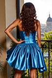 Satin Strapless A Line Blue Short Homecoming Dress