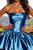 Satin Strapless A Line Blue Short Homecoming Dress