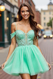 A Line Tulle Mint Green Cold Shoulder Short Homecoming Dress