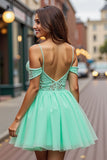 A Line Tulle Mint Green Cold Shoulder Short Homecoming Dress