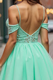 A Line Tulle Mint Green Cold Shoulder Short Homecoming Dress