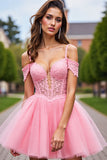 Corset Blush Tulle Cold Shoulder Short Homecoming Dress with Appliques