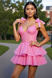 Ruffled Pink Corset Tiered Short Homecoming Dress with Bows
