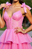 Ruffled Pink Corset Tiered Short Homecoming Dress with Bows