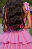 Ruffled Pink Corset Tiered Short Homecoming Dress with Bows