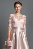 Apricot Half Sleeves Satin A Line Long Mother Of The Bride Dress With Lace