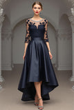 Sparkly Navy A Line High-Low 3/4 Sleeves Mother Of The Bride Dress With Lace