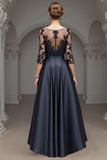 Sparkly Navy A Line High-Low 3/4 Sleeves Mother Of The Bride Dress With Lace