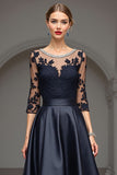 Sparkly Navy A Line High-Low 3/4 Sleeves Mother Of The Bride Dress With Lace