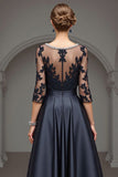 Sparkly Navy A Line High-Low 3/4 Sleeves Mother Of The Bride Dress With Lace