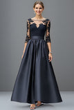 Sparkly Navy A Line 3/4 Sleeves Beaded Long Mother Of The Bride Dress With Lace
