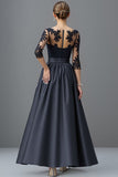 Sparkly Navy A Line 3/4 Sleeves Beaded Long Mother Of The Bride Dress With Lace