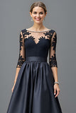 Sparkly Navy A Line 3/4 Sleeves Beaded Long Mother Of The Bride Dress With Lace