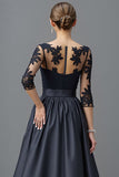 Sparkly Navy A Line 3/4 Sleeves Beaded Long Mother Of The Bride Dress With Lace