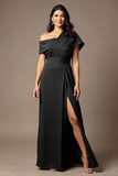 Black A Line Satin Asymmetrical Neck Long Choir Dress with Slit