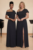 Black A Line Satin Asymmetrical Neck Long Choir Dress with Slit