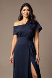 Black A Line Satin Asymmetrical Neck Long Choir Dress with Slit