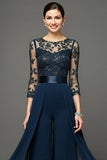 Navy Chiffon 3/4 Sleeves Long Mother Of The Bride Jumpsuit With Streamer