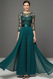 Navy Chiffon 3/4 Sleeves Long Mother Of The Bride Jumpsuit With Streamer