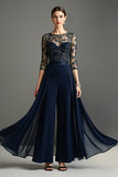 Navy Round Neck 3/4 Sleeves Mother Of The Bride Jumpsuit With Streamer